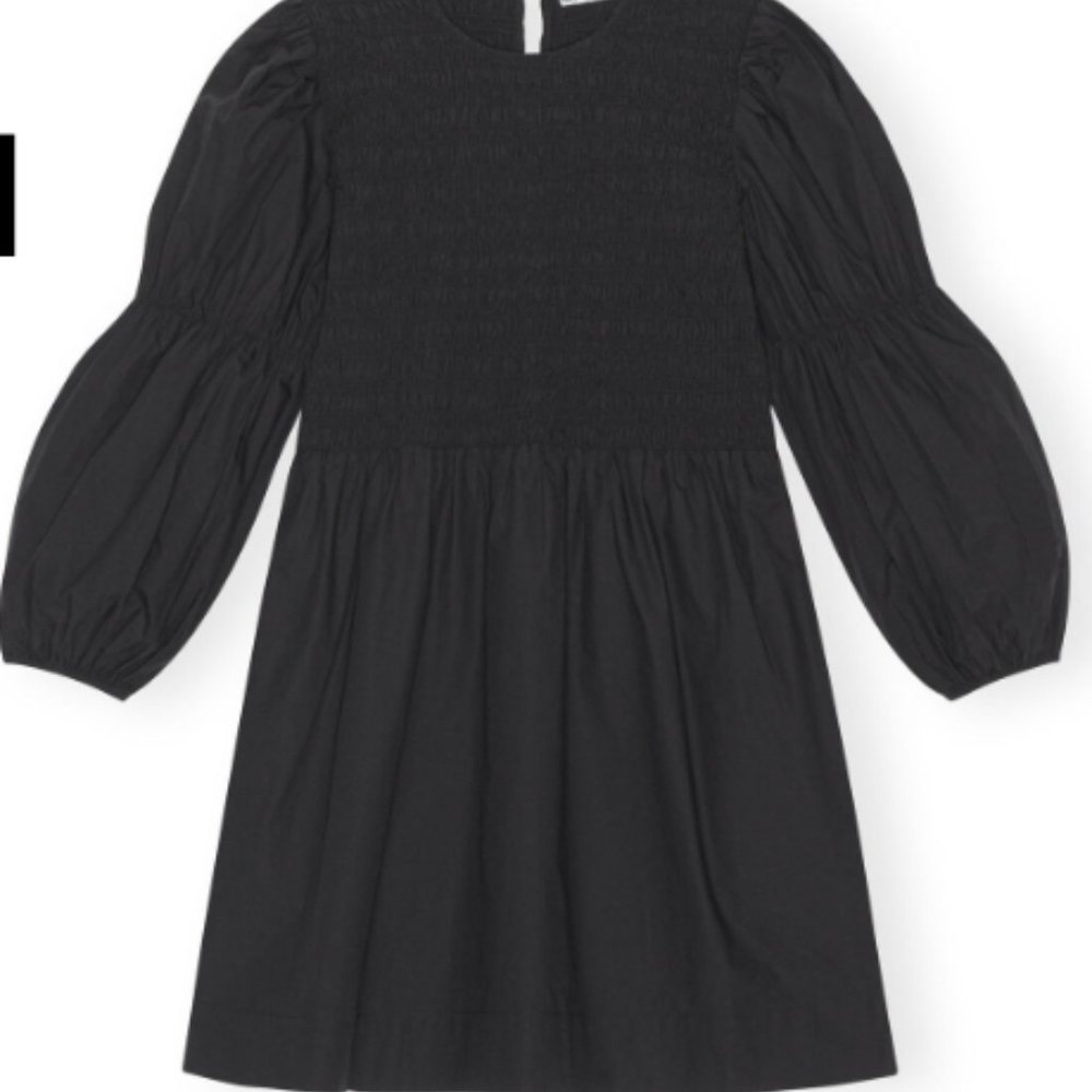 BLACK COTTON POPLIN SMOCK MINI DRESS